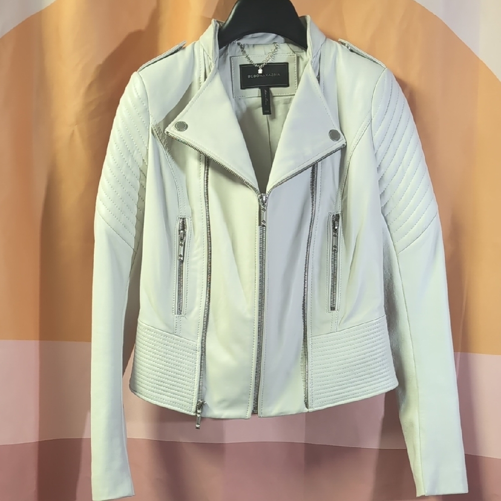BCBGMAXAZRIA White Biker-Style Leather Jacket - Picture 7 of 16